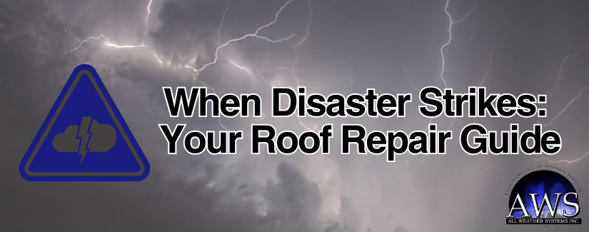 Thunderstorm with text "When Disaster Strikes: Your Roof Repair Guide" by AWS, highlighting emergency roof repair in Ohio.