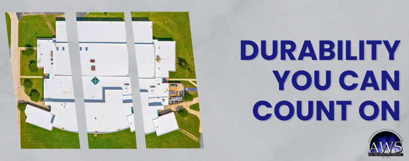All Weather Systems aerial view of a large white commercial facility featuring Duro-Last flat roofs in Reynoldsburg for long-lasting durability.