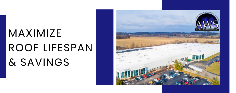 All Weather Systems aerial view of a large commercial facility demonstrating preventative maintenance for flat roofs to maximize lifespan and savings.