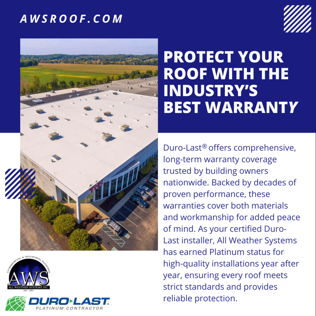 All Weather Systems installing Duro-Last flat roofs in Reynoldsburg with the industry's best warranty for comprehensive material and workmanship coverage.