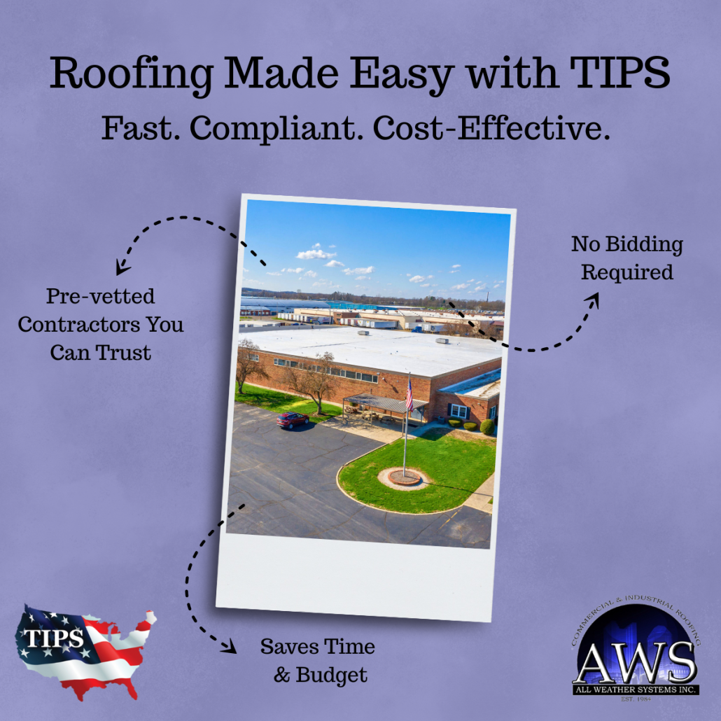 All Weather Systems providing fast roofing solutions with TIPS, featuring a compliant and cost-effective commercial roof installation on a brick facility.